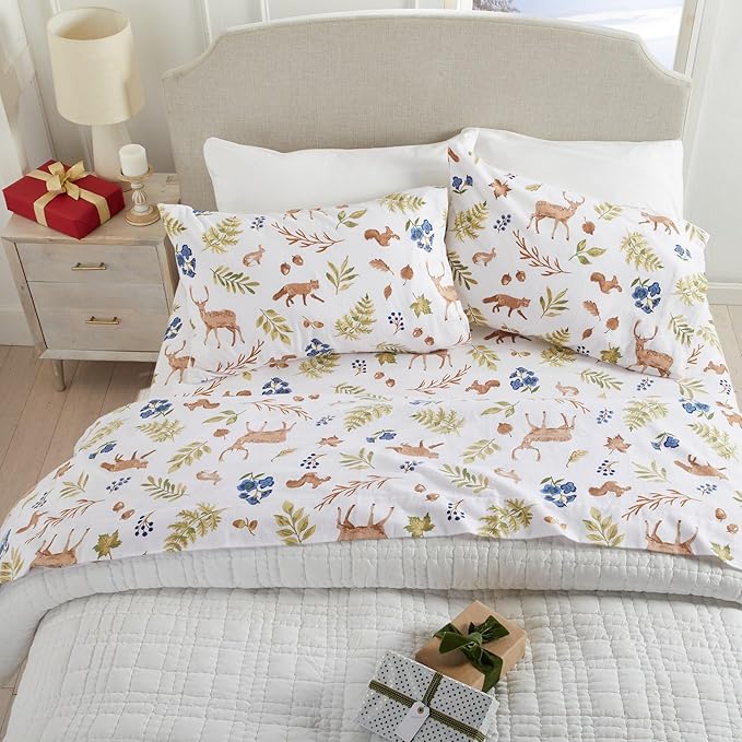 Market & Place 100% Cotton Twin Flannel Sheet Set | 3 Piece Deep Pocket Novelty Cozy Winter Bed Sheets | Double Brushed for Extra Softness & Comfort | Alpine Collection (Twin, Woodland Forest)