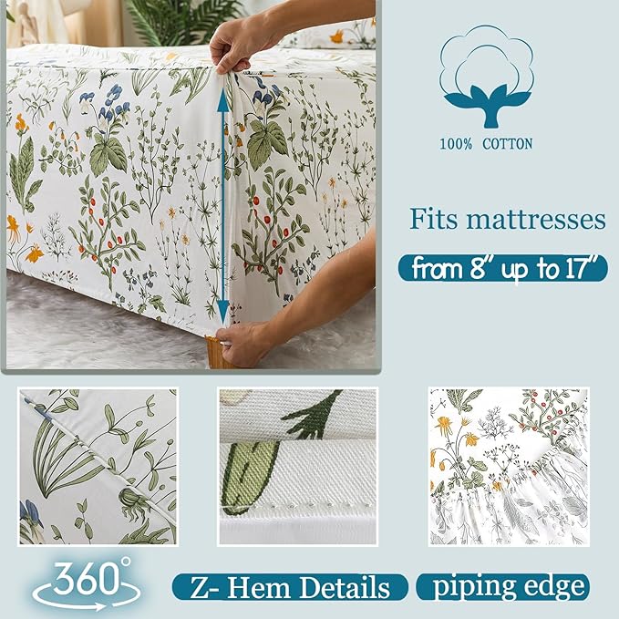 Zusbest California King Size Sheet Sets 100% Percale Cotton Green Floral Bed Sheets Yellow Flower & Green Leaves Botanical Pattern Garden Crisp Soft Deep Pocket Fitted Sheet 17.5'' 4Pcs, Cal King