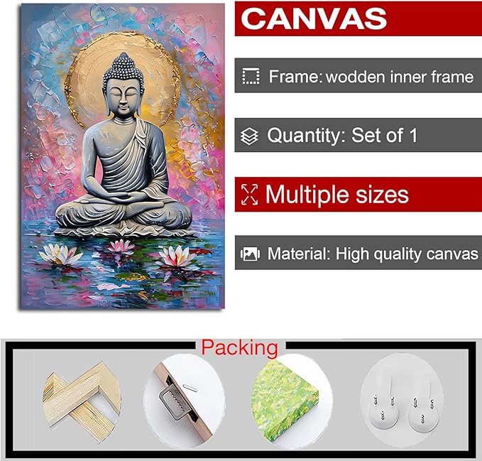 Lotus and golden Buddha meditation tranquil zen wall art mindfulness wall art for spiritual harmony and tranquility decor 8x12in Wood Framed