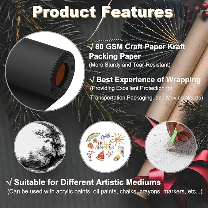 PATIKIL Wrapping Paper, 20"x2400"(200') Bulletin Board Paper Roll Kraft Paper Roll Construction 80GSM for Shipping Packing Gift Wrapping Craft Flower Bouquet Christmas, Black