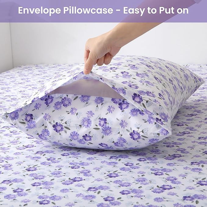Softan Puple Floral Twin Sheet Set, 3-Piece Microfiber Printed Fitted Sheet with 15" Deep Pockets & Non-Slip Straps, White Flower Patterned Single Bedding Sheets & Pillowcase Set