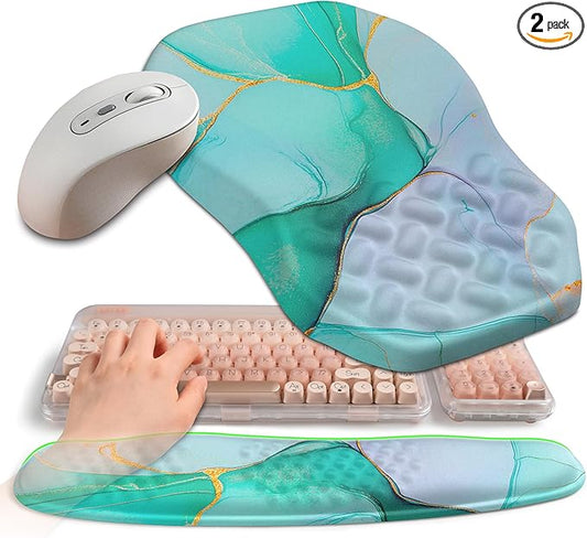 2-in-1 Ergonomic Set, Wave Keyboard Wrist Rest and Massage Slope Mouse Pad Wrist Support, Rebound Memory Foam for Relieve Carpal Tunnel Syndrome and Wrist Pain (Green Gold Marble)