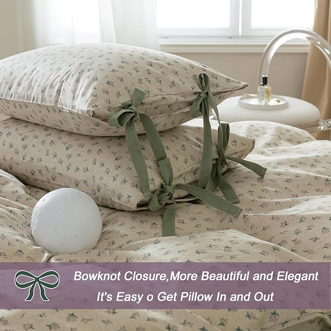VM VOUGEMARKET Purple Blossom Duvet Cover Set Full Beige Duvet Cover with 2 Bowknot Pillowcases Vintage Flower Bedding Set for College Dorm