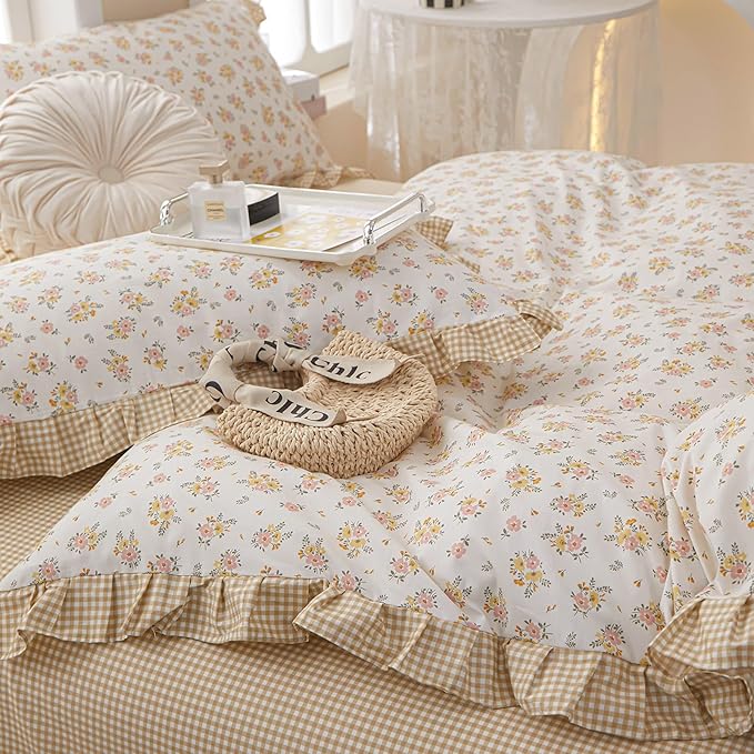 Ruffle Floral Comforter Set King 3 Pieces Vintage Flowers Pattern Romantic Ruffled Comforter with 2 Pillowcases Fluffy Soft Cottagecore Bedding Set Farmhouse Flowers Botanical Comforter Set King