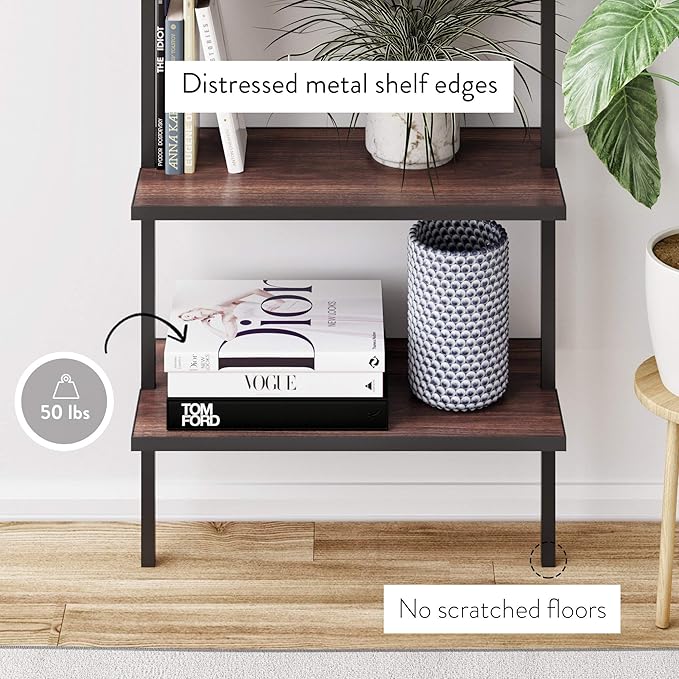 Nathan James Theo 5-Shelf Wood Modern Bookcase, Open Wall Mount Ladder Bookshelf with Industrial Metal Frame, Brown Walnut/Black