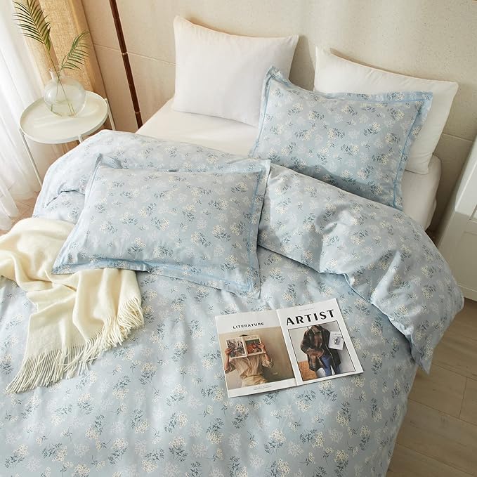 EAVD Boho Floral Duvet Cover King Soft Cotton Floral Blue Duvet Cover with 2 Pillowcases Chic Shabby Garden Flower Bedding Set Reversible Garden Floral Comforter Cover with Zipper Closure