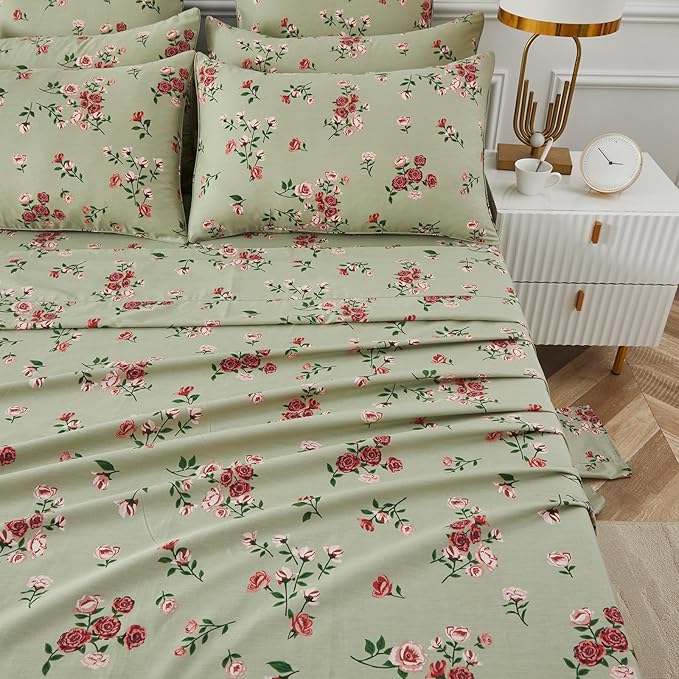 FADFAY Twin XL Sheet Set 100% Cotton Sage Green Bed Sheets, French Country Red Rose Floral Pattern, Soft Cool Luxury Bedding, Shabby Vintage Style, 4 Pieces Deep Pocket Fitted Sheet, Twin Extra Long