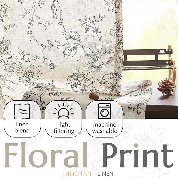 jinchan Linen Blend Curtain Floral Curtains for Living Room 90 Inch Length Black Printed Curtain Rod Pocket Back Tab Farmhouse Peony Flower Patterned Drapes Bedroom Window Curtains Set 2 Panels