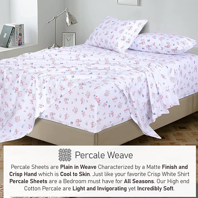 RUVANTI 100% Cotton Split King Sheets Sets for Adjustable Bed, 5 PCs, Soft & Breathable Percale Weave Bedding, Deep Pocket 16", Hotel Standard, Crisp Cool Feel & Durable, Floral Sheet, Funa Flora