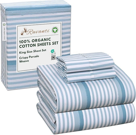 RUVANTI 100% Organic Cotton Sheets King Size, Percale Weave, GOTS Certified, 4-Piece Set, Deep Pocket 15", Crisp & Breathable, Soft Durable Bedding, Sábanas Algodón Orgánico – Nautical Stripes