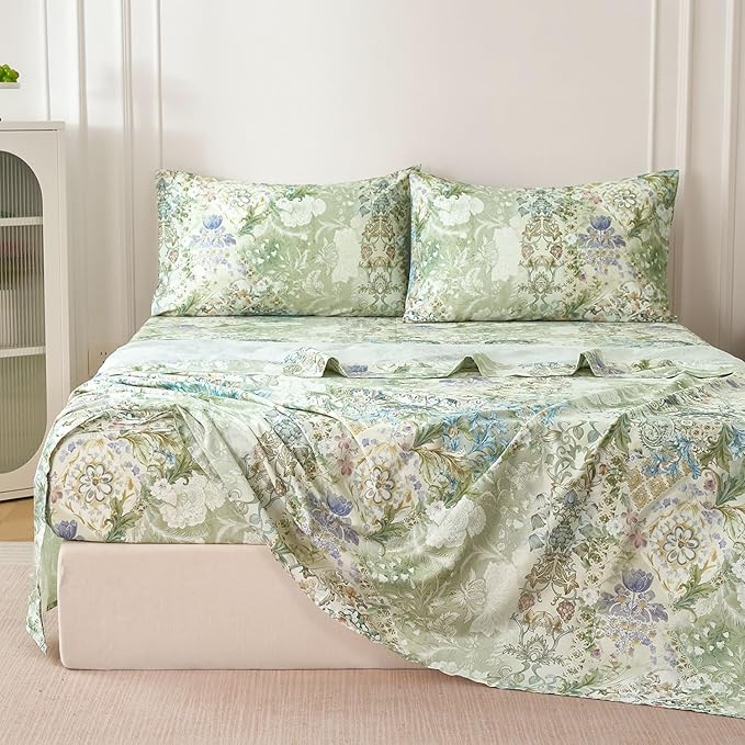 Zusbest King Size Sheets Luxury Sage Green Floral Bed Sheet Set 100% Cotton, Satin Weave Soft Silky Breathable for Hot Sleepers American Country Style Vintage Flower Deep Pocket 17.5‘’ Bed Set 4Pcs