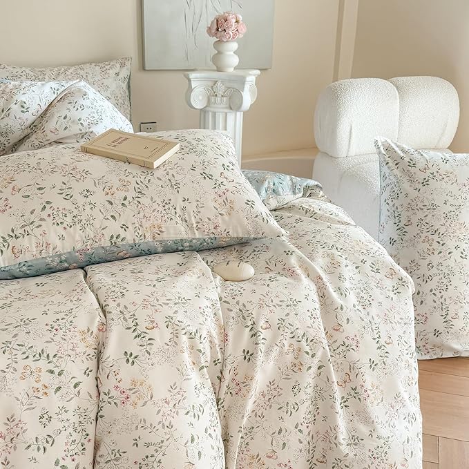 EAVD Girls Floral Botanical Duvet Cover Twin Soft Cotton Chic Shabby Garden Floral Leaves Print Bedding Set with 2 Pillowcases Fresh Cute Floral Comforter Cover with Zipper Closure