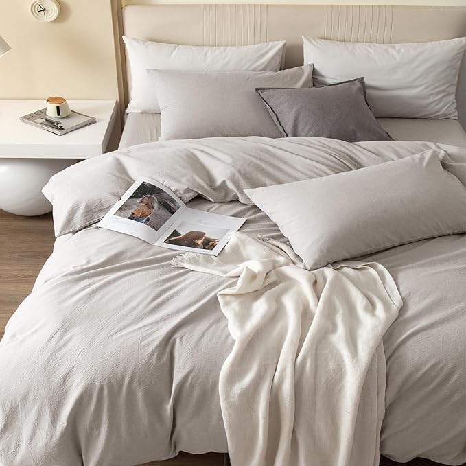 JIYUAN 100% Washed Cotton Duvet Cover Set 3 Pieces Alaska King, 1 Duvet Cover 132x120 Inches(Comforter Not Included) and 2 Pillowcases,Linen Feel Bedding Set Comfy and Breathable,Heathered Cream Grey