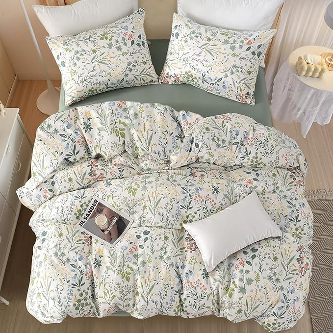 HighBuy Boho Floral Comforter Set Queen with 2 Pillowcases Lightweight 3 Pieces Farmhouse Shabby Chic Floral Bedding Set for Women Girl Farmhouse Flower Bedding Comforter Set All Season