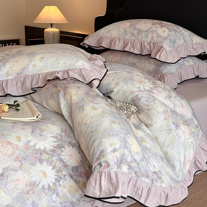 HighBuy Linen Duvet Cover Queen Vintage Purple Floral Ruffle Coquette Bedding Set French Yarn-Dyed Textured Soft Breathable Farmhouse Bedding with Zipper Closure & 4 Corner Ties - Linen,Queen