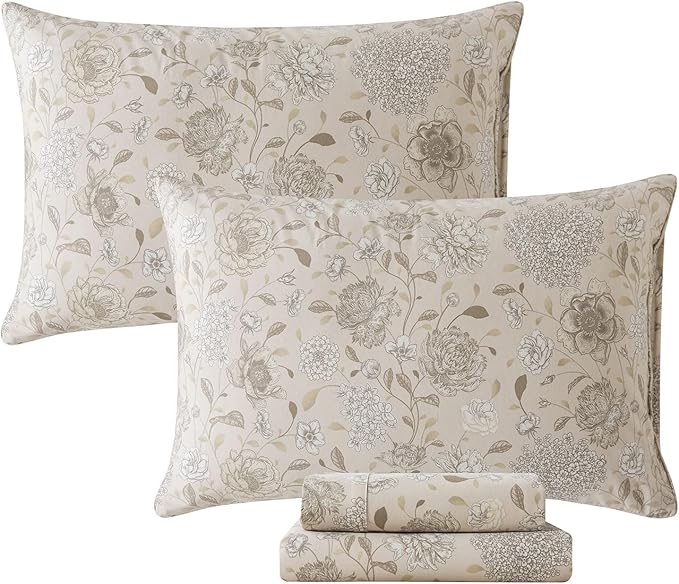 FADFAY Light Khaki Vintage Hydrangea Floral King Size Sheets Set 100% Brushed Cotton Shabby Peony Pattern Bedding Set Deep Pocket Sheets with 2 Pillowcases Luxury Daisy Breathable Soft 4pcs, King Size