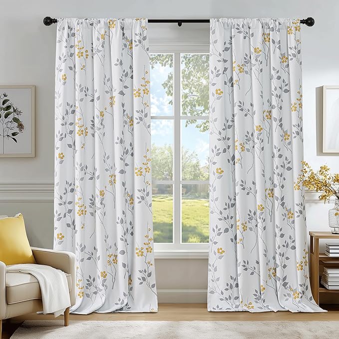 Beauoop Floral 100% Blackout Curtains 84 Inches Long 2 Panels for Bedroom Living Room Yellow Grey and White Flower Patterned Room Darkening Thermal Soundproof Rod Pocket Back Tab Window Drapes, 52X84