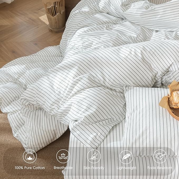 MooMee Striped Duvet Cover Set 100% Washed Cotton Linen Like Textured Breathable Durable Soft Comfy (White Heathered Green Wide Stripes, Palatial King/Oversized King 120"x98")