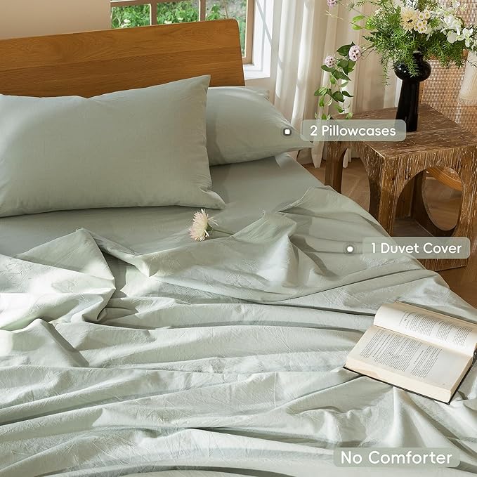 MooMee Bedding Duvet Cover Set 100% Washed Cotton Linen Like Textured Breathable Durable Soft Comfy (Heathered Sage Green, Cal King 104"x98")