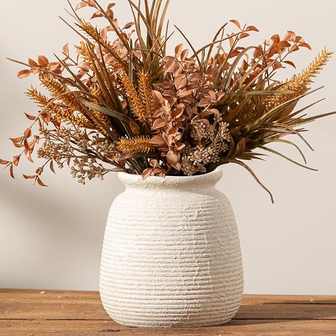 Ceramic Flower Vase, 7.48 Inch White Rustic Farmhouse Decorative Vase Pottery Wide-Mouth Vases for Home Decor Table Living Room Entryway Mantel Bookshelf Bedroom Bathroom Kitchen