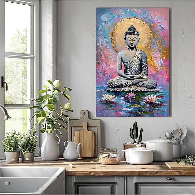 Lotus and golden Buddha meditation tranquil zen wall art mindfulness wall art for spiritual harmony and tranquility decor 8x12in Frameless