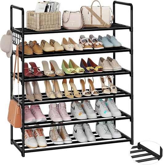 HOMICKER Metal Shoe Organizer,6 Tiers Shoe Storage Shoe Rack with Hooks,Fit 24-30 Pairs,Adjustable Shoe Shelf for Entryway,Hallway,Bedroom,Metal Bottom Support