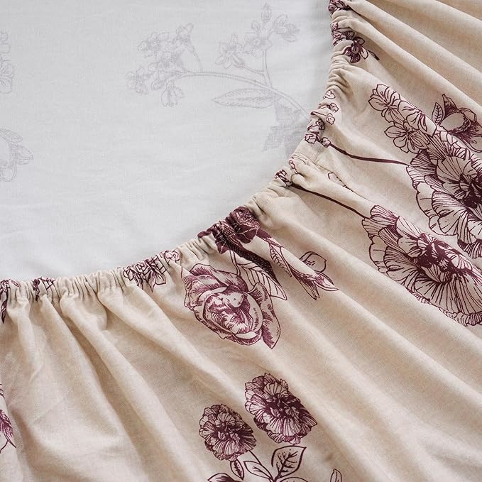 Zusbest Full Size Sheets 100% Percale Cotton Red Floral Bed Sheet, Brushed for Extra Softness, Breathable Luxury Toile Flannel Like Sheets Shabby Vintage Deep Pocket Bed Set 17.5'' 4 Pcs