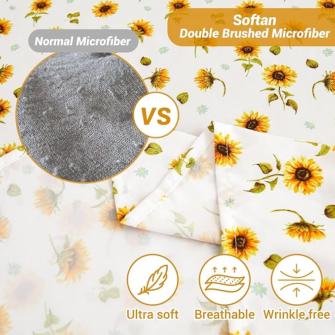 Softan Floral Sheet Set Full, Sunflower Printed Bed Sheets Double, Brushed Microfiber Fitted Sheet with 15" Deep Pocket & Non-Slip Straps, Yellow Flower Pattern Sheet & Pillowcase Sets