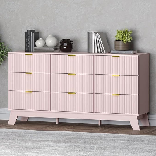 Fluted 9 Drawer Dresser, 57.1" Wide Modern Boho Chest of Drawers, Wooden Storage Dresser TV Stand for Bedroom, Living Room, Closet, Hallway, Curved Profile Design