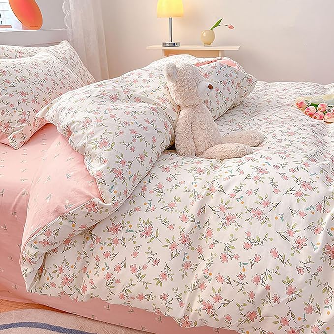 EAVD Chic Floral Girls Duvet Cover Twin XL Cotton Pink White Garden Floral Bedding Set with 2 Pillowcases Freash Cute Botanical Comforter Cover with Zipper Closure