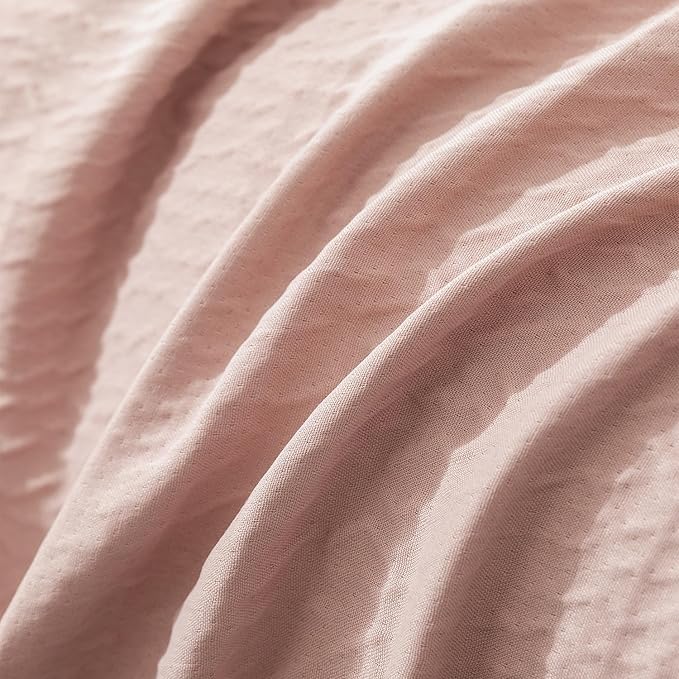 Duvet Cover Queen Dusty Rose, Luxury Soft Double-Layer Crinkle Gauze Rose Pink Duvet Cover, 3 Pieces Bedding for All-Season, Breathable with Zipper Closure & Corner Ties