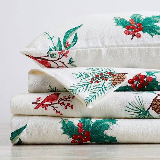 Market & Place 100% Cotton King Flannel Sheet Set | 4 Piece Deep Pocket Novelty Cozy Winter Bed Sheets | Double Brushed for Extra Softness & Comfort | Alpine Collection (King, Cardinal & Pine)