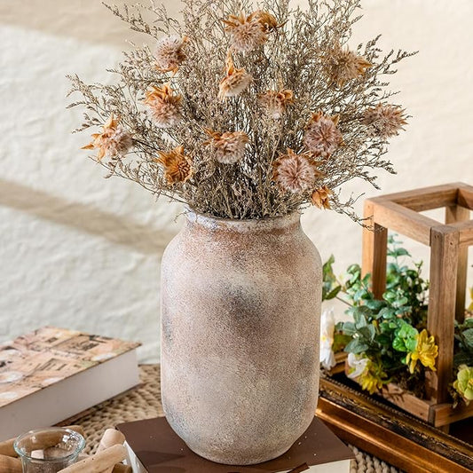 Rustic Ceramic Farmhouse Flower Large Vase, Whitewashed Terra Cotta Vase, Pottery Decorative Flower for Home Decor, Table, Living Room Decoration, Shelf Decor, Mantel, 9.5 Inch, Terra