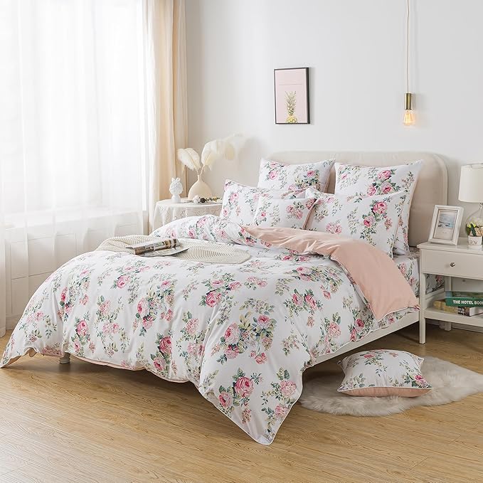 FADFAY Duvet Cover Set Full Pink Rose Floral Bedding Shabby Peony Flower Quilt Cover Set Vintage Farmhouse Bedding 100% Cotton Soft Comforter Cover Set with Hidden Zipper Closure 3Pcs, Full Size
