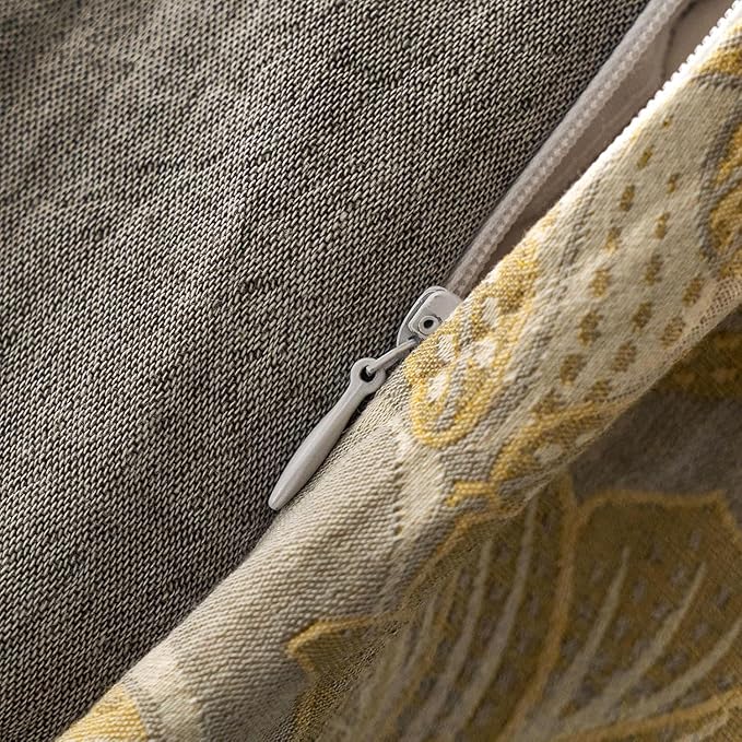 LifeTB Vintage Flower Duvet Cover King Yarn-Dyed Cotton Linen Textured Duvet Cover Jacquard Golden Floral Duvet Cover Bordered Garden Style Botanical Comforter Cover Chic Farmhouse Bedding Set King