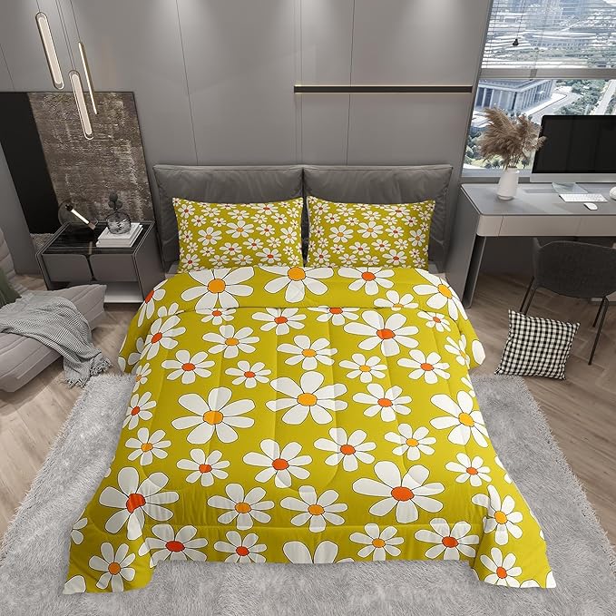 Hippie Flowers Bedding Comforters Queen Size,70s Retro Floral Comforter Set with 2 Pillowcases,Groovy Cartoon White Daisy 3pcs Children Adult Duvet Set,Soft