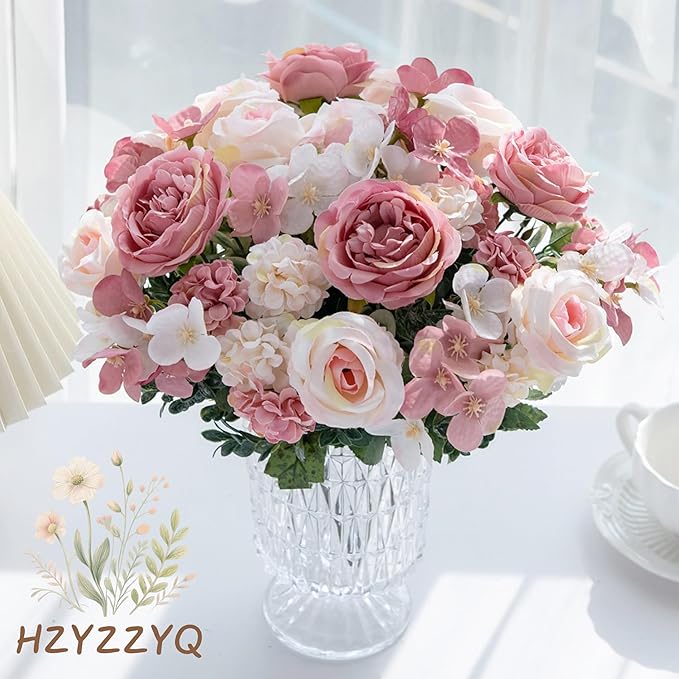 4 Pack Artificial Peony Flowers, Silk Peonies Flowers Fake Peonies Artificial Flowers Peonies Hydrangea Bouquet for Centerpiece Table Wedding Party Home Decor (Pink + White)