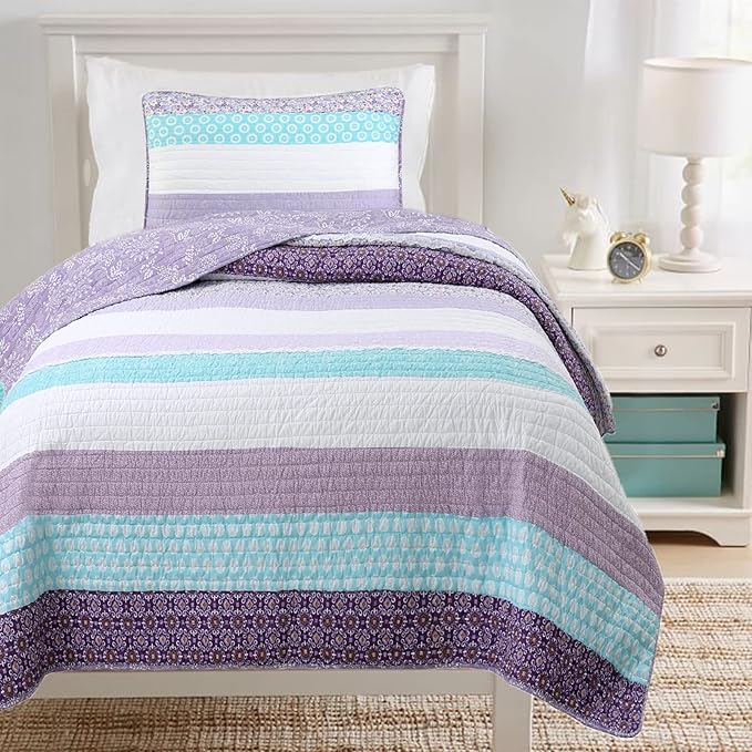 Cozy Line Home Fashions Purple Baby Blue Floral Striped Ruffle Girl 100% Cotton Reversible Quilt Bedding Set, All-Season Coverlet Bedspread (Lilac Flower, Queen-3 Piece)