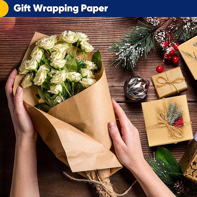 Vanhench 36"x1500"(125') Brown Wrapping Paper, Craft Paper, Kraft Paper Roll, Bulletin Board Arts & Crafts, Bouquet Flower Table Covering Poster Packing Shipping Moving Supplies 70GSM 50LB