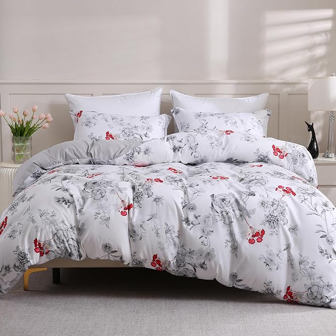 LONAVA Queen Flower 3 Pcs Duvet Cover Set, Breathable Soft Microfiber White Lining Comforter Cover with Zipper Closure, and 2 Anti-Pilling, Fade Resistant Pillowcases, Gothic Rose