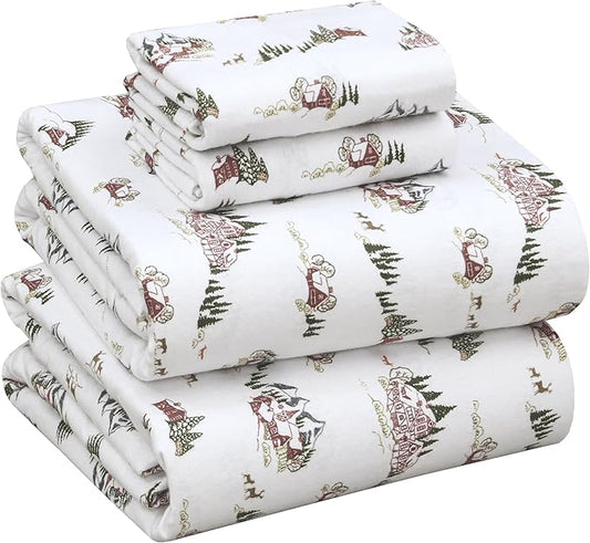 RUVANTI Flannel Sheets California King Size - 100% Cotton Brushed Cal King Bed Sheets Set - Deep Pockets 14 Inches - All Seasons Breathable & Extra Soft - Warm & Cozy, 4 Piece, Hilly Huts