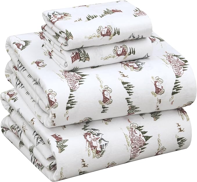 RUVANTI Flannel Sheets Full Size - 100% Cotton Double Brushed Bed Sheets Set, Deep Pockets 16 Inches, All Seasons Breathable & Extra Soft Full Sheets, Warm & Cozy, 4 Piece, Hilly Huts
