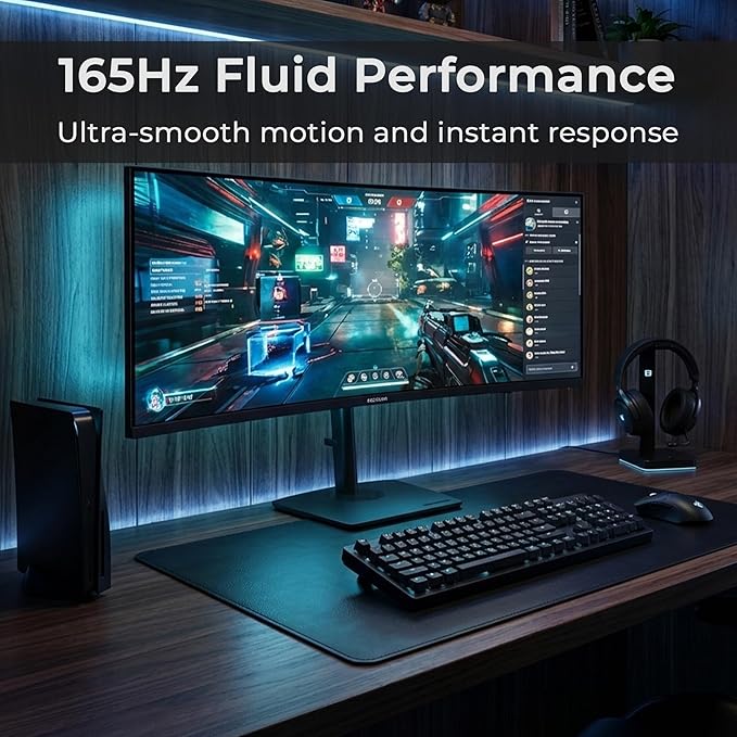Deco Gear 49" Curved Ultrawide DQHD Monitor, 5120×1440 165Hz 1500R, USB-C 65W KVM, HDR Adaptive Sync, Dual HDMI 2.1, DP 1.4, Speakers, Ergonomic, American Seller