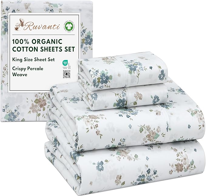 RUVANTI 100% Organic Cotton Sheets King Size, Percale Weave, GOTS Certified, 4-Piece Set, Deep Pocket 15", Crisp & Breathable, Soft Durable Bedding, Sábanas Algodón Orgánico – Halcyon