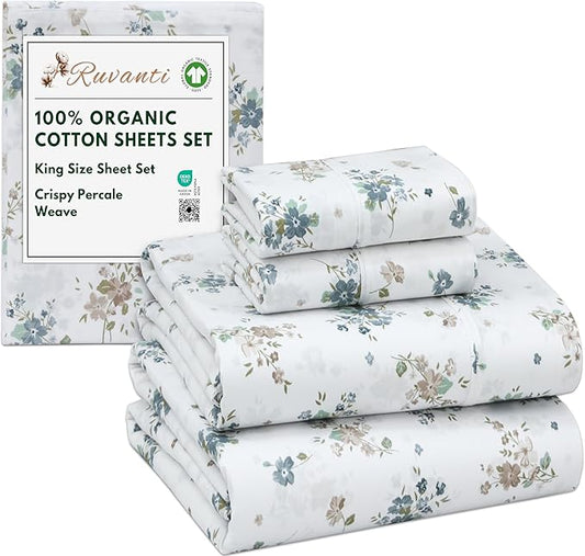 RUVANTI 100% Organic Cotton Sheets King Size, Percale Weave, GOTS Certified, 4-Piece Set, Deep Pocket 15", Crisp & Breathable, Soft Durable Bedding, Sábanas Algodón Orgánico – Halcyon