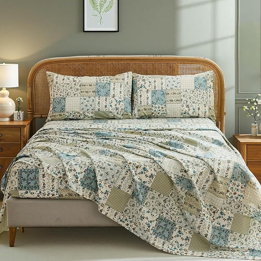 Shabby Chic Floral Patchwork Sheets Set Queen Size, Crisp Cooling Sheets with a Smooth Cotton Percale Lightweight Feel, 4 Pieces Luxury Soft Deep Pocket Fitted Sheet 17.5''