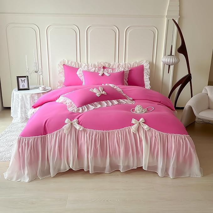 Girls Lace Bedding,Queen Comforter Cover Set, Chic Ruffled Duvet Cover with Lovely Bow,Princess Style 1 Duvet Cover with 2 Pillowcases, No Comforter-Hot Pink,Full Size
