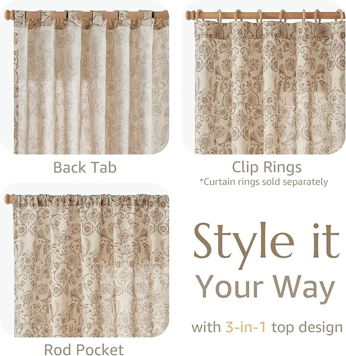 jinchan Linen Floral Curtains for Living Room with Printed Flower 96 Inches Long Light Filtering Farmhouse Window Treatment Vintage Drapes Back Tab Rod Pocket 2 Panels Taupe on Beige