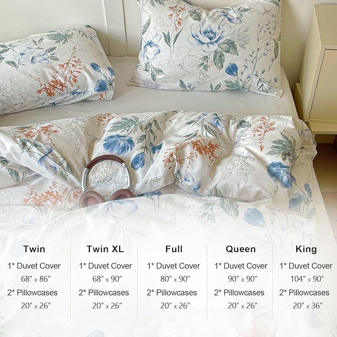 EAVD Vintage Style Botanical Floral Duvet Cover Twin Soft Cotton Chic Shabby Garden Colorful Floral Bedding Set with 2 Pillowcases Fresh Spring Botanical Duvet Cover with Zipper Closure