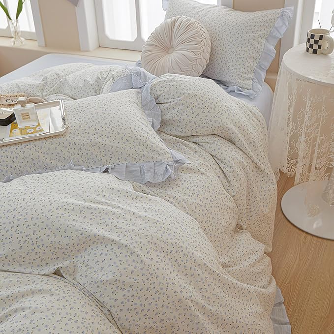 Ruffle Floral Duvet Cover Full Chic Vintage Blue Flower Duvet Cover Girls Romantic Lace Comforter Cover Cotton Floral Botanical Bedding Cover Cottagecore Flower Comforter Cover with 2 Pillowcases
